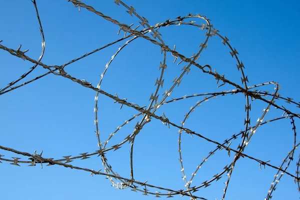 Detailní záběr břitva bezpečnostní plot proti modré obloze — Stock fotografie