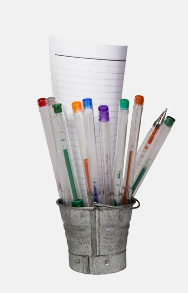 Bucket Containing Multi Colored Pens and Note Paper — Stock Photo, Image