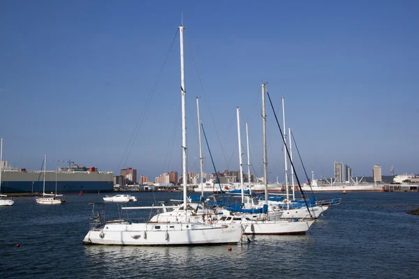 Anchord Yachts Against Durban City Skyline — Stock Photo, Image