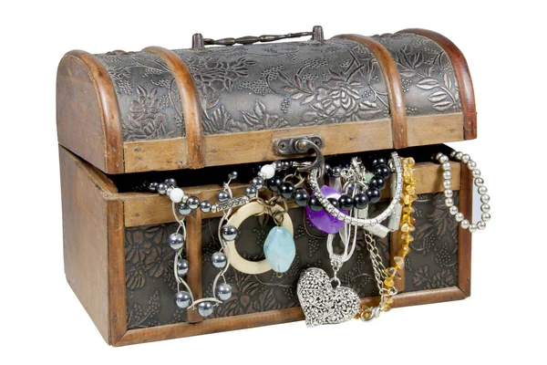 Ornamental Wooden Treasure Chest Overflowing with Jewellery — Stock Photo, Image