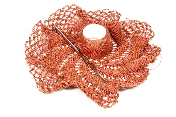 Salmon Colored Crocheted Doily with Crochet Hook — Stock Photo, Image