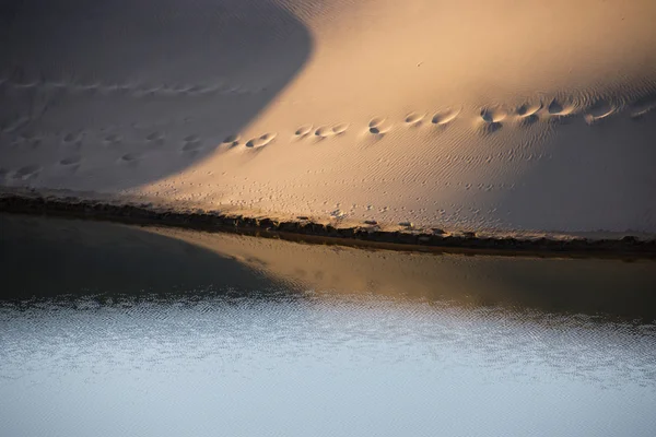 Reflexão da duna de areia na água perturbada pela brisa leve — Fotografia de Stock