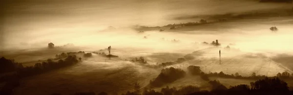 Vista para o campo nebuloso no início da manhã . — Fotografia de Stock