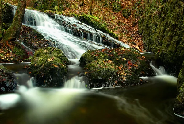Cascade on small mountain stream, water is running over basalt boulders. — Stock Photo, Image
