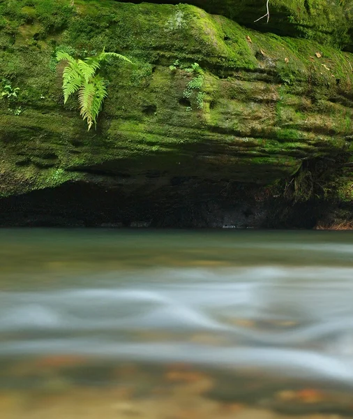 La fin de l'été aux lignes de rivière de montagne avec des rochers de grès, de gros rochers et des arbres colorés . — Photo