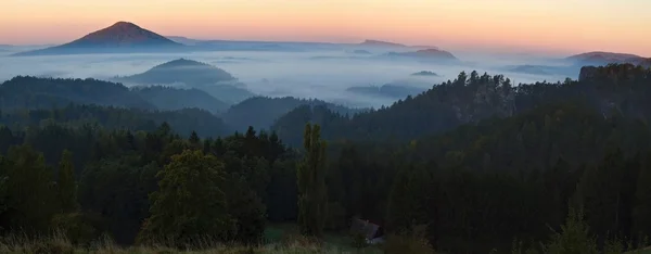 Vista en otoño profundo valle brumoso en el parque nacional de Bohemia, Europa. Árboles y colinas aumentaron de fondo brumoso. Cielo colorido por encima del horizonte . — Foto de Stock