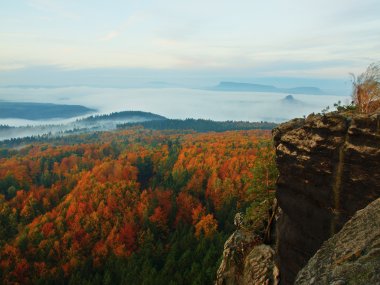 Sunrise güzel dağ çek-Saksonya İsviçre. kumtaşı zirveleri ve sisli arka plandan arttı tepeler turuncu güneş ışınları nedeniyle sis olduğunu.