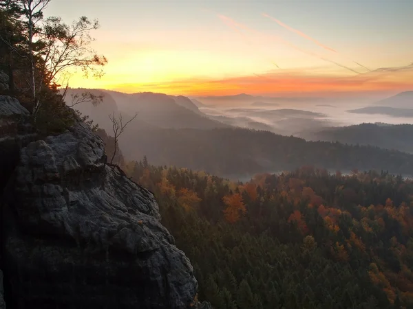 Unrise in a beautiful mountain of Bohemian-Saxony Switzerland. Sandstone peaks and hills increased from foggy background, the fog is orange due to sun rays. — Stock Photo, Image
