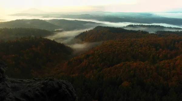 Alba in una bellissima montagna della Svizzera boema-sassone. Picchi di arenaria e colline aumentate da sfondo nebbioso, la nebbia è arancione a causa dei raggi del sole . — Foto Stock