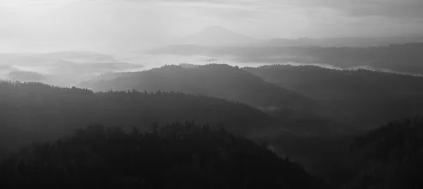 Sonnenaufgang in einem wunderschönen Berg der böhmisch-sächsischen Schweiz. Sandsteingipfel und Hügel wuchsen aus dem nebligen Hintergrund. Die ersten Sonnenstrahlen. Schwarz-Weiß-Foto. — Stockfoto