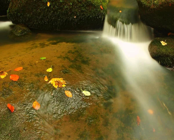 Cascade on small mountain stream, water is running over mossy sandstone boulders and bubbles create on level milky water. Colorful leaves from maple or aspen tree on stones ans into water. — Stock Photo, Image