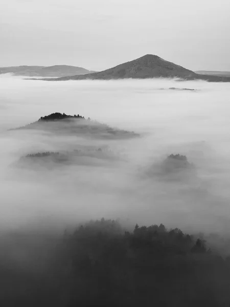 Noche de luna llena con salida del sol en una hermosa montaña de la Suiza bohemia-sajona. Picos de arenisca y colinas aumentaron a partir de fondo brumoso. Los primeros rayos del sol. Foto en blanco y negro . — Foto de Stock