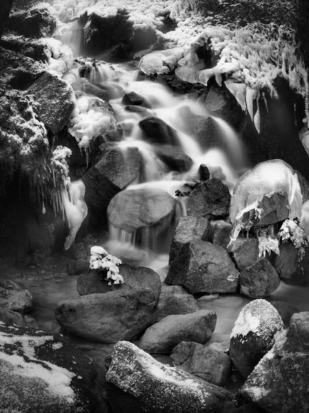 Vista nocturna de invierno a cascada congelada de cascada, ramitas heladas y rocas heladas en espuma congelada de flujo rápido. Reflejos de luz en carámbanos. Foto en blanco y negro. Congelación extrema . — Foto de Stock