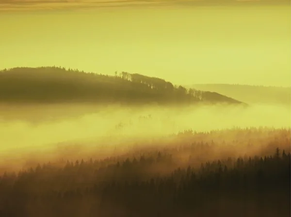 Autumn sunrise in a beautiful mountain of Bohemia. Peaks of hills increased from fog. — Stock Photo, Image