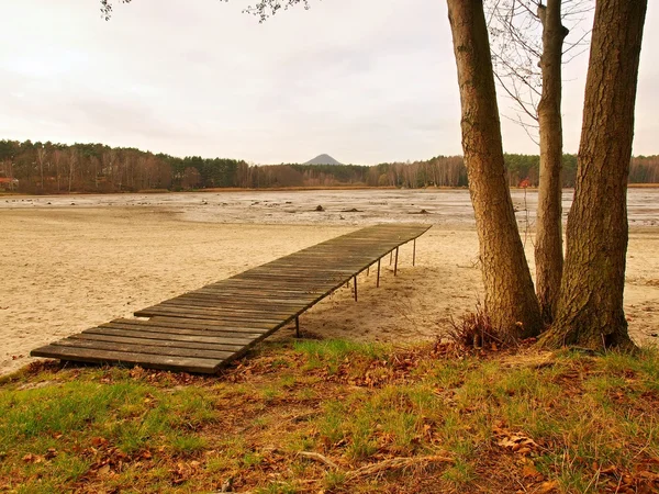 Spiaggia abbandonata a stagno vuoto, vecchia talpa di legno e ontano piegato sopra sabbia spiaggia sporca. Autunno atmosfera malinconica . — Foto Stock