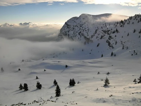 Toppar i bergen i skidorten sticker från låg dimma. Stockbild