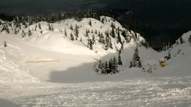 Downhill skiën en sneeuw boarding op een besneeuwde helling, lage hoekmening — Stockvideo