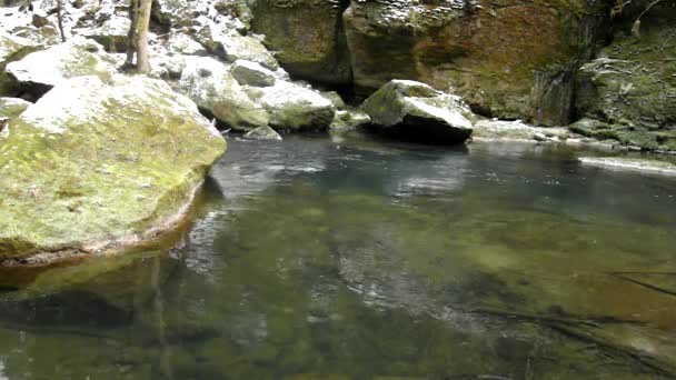 Eau froide sombre du ruisseau de montagne en hiver entre de gros rochers avec des flocons de neige de première neige poudreuse . — Video