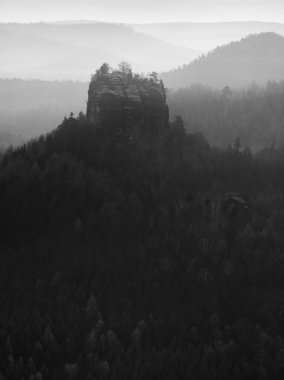 Sunrise güzel dağ çek-Saksonya İsviçre. kumtaşı doruklarına sisli arka plandan arttı. siyah beyaz fotoğraf.