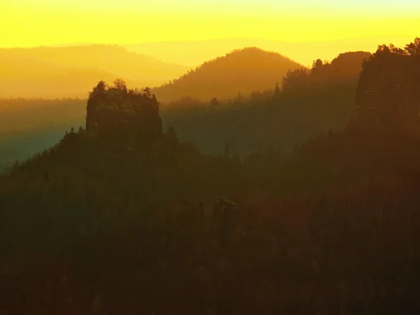 View into deep misty valley in Saxon Switzerland. Sandstone peaks increased from foggy background, the fog is orange due to sunrise. — Stock Photo, Image