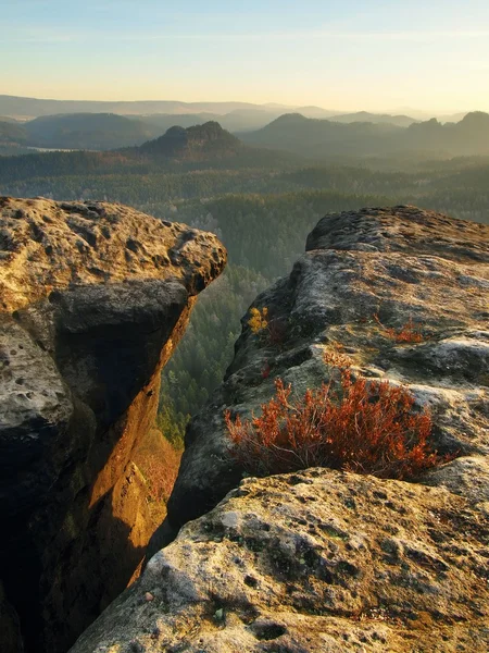 Salida del sol de primavera en una hermosa montaña de la Suiza checo-sajona. Picos de arenisca aumentados de fondo brumoso, senderos brillantes de rayos de sol en la niebla . — Foto de Stock