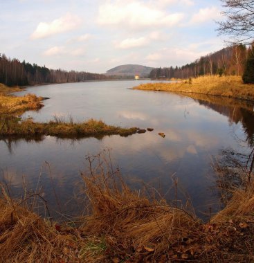 ormandaki eski kuru ot, küçük beyaz karşı kıyıda bina ile bankalar arasında dağ gölü. su seviyesi gökyüzünde yansıması.