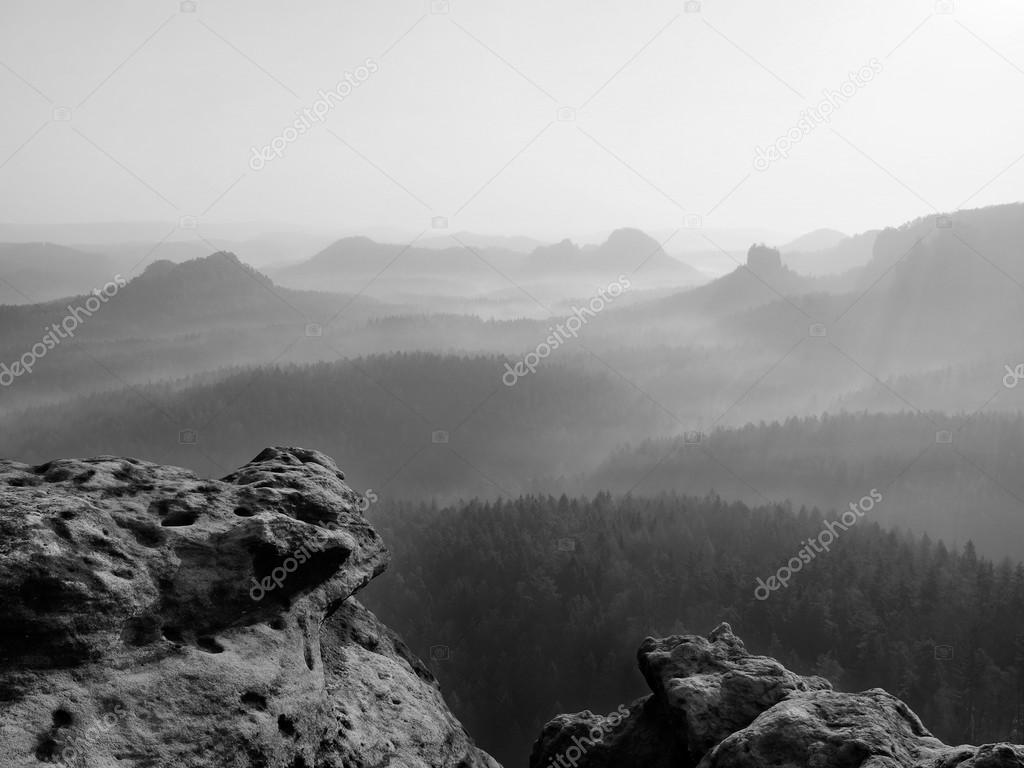 Waiting for the daybreak in Saxony Switzerland park. Sandstone peaks increased from foggy background. Black and white photo.