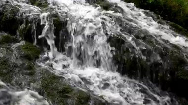 Art arda sıralı küçük dağ dere üzerinde bazalt boulder yalak büyük çatlak su çalışan ve kabarcıklar oluşturmak düzey sütlü suda.