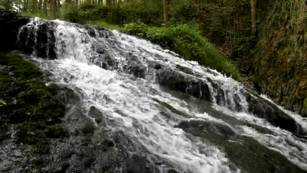 Cascade on small mountain stream, water is running trough big crack in basalt boulder and bubbles create on level milky water. — Stock Video