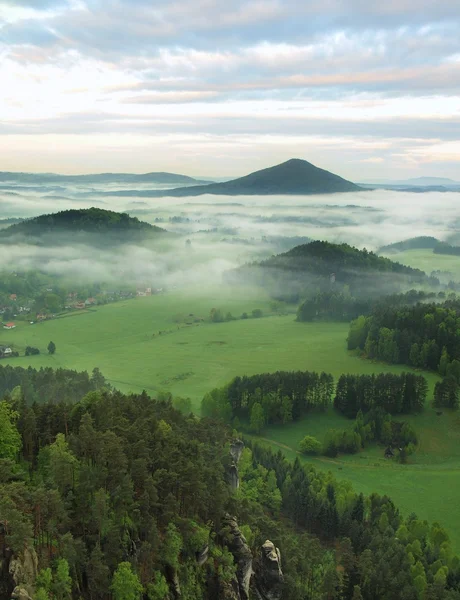 Valle brumoso de primavera después de la noche lluviosa. La niebla se mueve entre colinas y picos de árboles, nubes azules en el cielo . — Foto de Stock