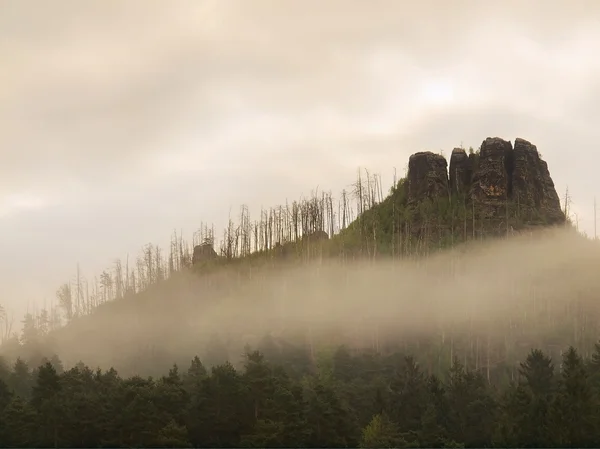 Kayalık tepe koyu gri bulut ormandan dışarı taşıyorsa. yağmurlu gecede buğulu bahar sabahında. — Stok fotoğraf