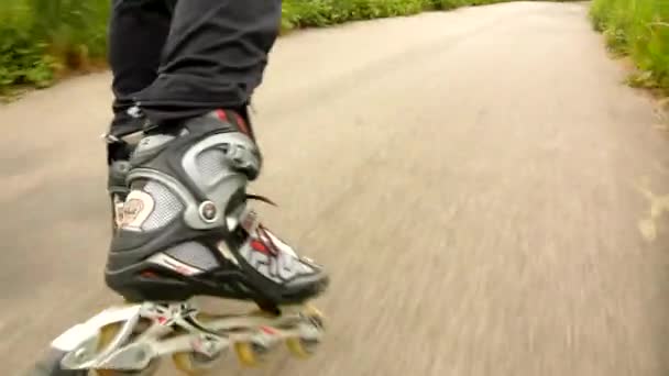 A closeup view to legs in sportswear with black red white rollerblades. The man is quickly blading on asphalt way in park, grass and leaves on the ground. — Stock Video