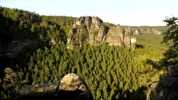 Soleado amanecer de primavera en un hermoso valle del parque Sajonia Suiza. Rocas de arenisca aumentadas del bosque de pinos verdes, viento suave tiembla con hojas . — Vídeos de Stock
