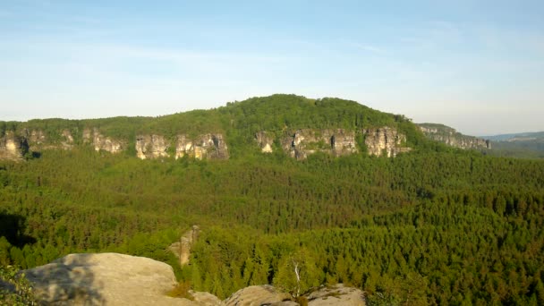 Sunny spring sunrise in a beautiful valley of Saxony Switzerland park. Sandstone rocks increased from green pine forest, gentle wind is shaking with leaves. — Stock Video