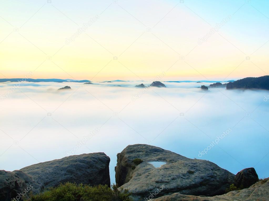 Magnificent fogy landscape , spring blue pink misty sunrise in a beautiful valley of Saxony Switzerland park. Hills increased from fog.