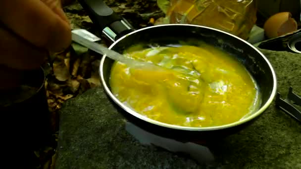 小さいキャンプ炊飯器に自然の中でスクランブルエッグ御用達の鍋を調理します。ノンスティック フライパンの表面に小さなキャンプ ヘラのスクランブル。ビデオの最初の部分. — ストック動画