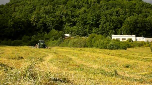 Il trattore grande sta girando e raccogliendo erba. Trattore con fienagione che lavora sul prato in terreni agricoli. Haymaking in campagna sotto le colline. Serata estiva ventosa . — Video Stock