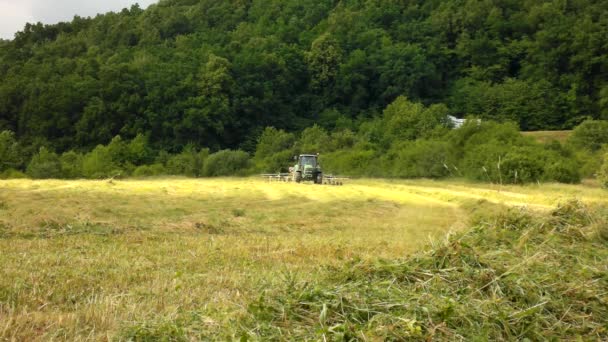 Grand tracteur vert récoltant l'herbe, camion avec fabricant de foin travaillant sur la prairie dans les terres agricoles. Haymaking dans la campagne sous les collines. Journée chaude d'été . — Video