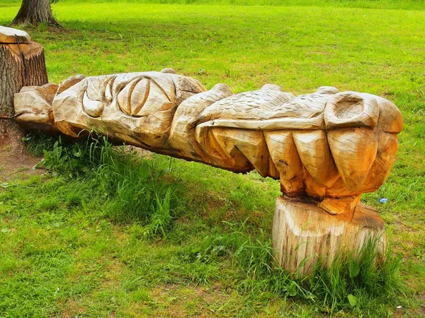 Detalhe da cabeça de dragão de escultura de madeira no parque infantil, escultura em madeira arte pública . — Fotografia de Stock