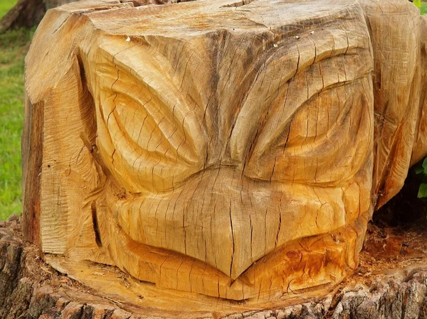 Detail of wooden sculpture eagel head in children playground, woodcarving public art. — Stock Photo, Image