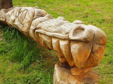 detay ahşap heykel dragon kafasının içinde çocuk oyun alanı, oymacılığı kamusal sanat