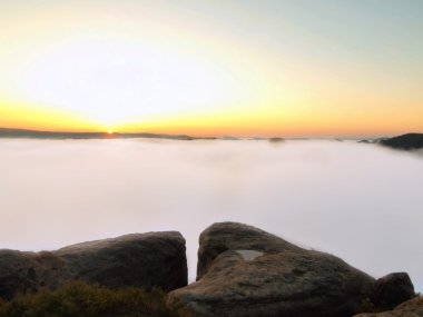 muhteşem adamlara peyzaj, Bahar mavi pembe puslu gündoğumu Saksonya İsviçre parkın güzel bir vadi. far hills sis arttı