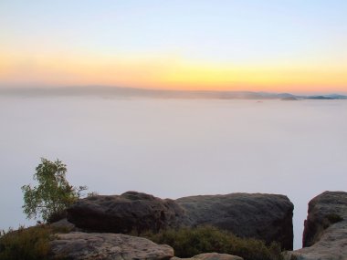 sonbahar ülke. derin sisli vadinin sabah ağır mavi turuncu sis demetleri dolu. sis, Kara Tepeler ve sıcak sarı güneşi ufukta kumtaşı doruklarına arttı.