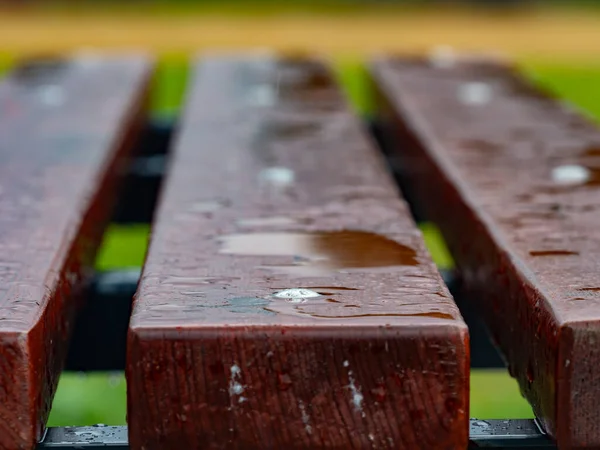 Raindrops Bench Wet Wooden Boards Detail Polished Wood — Stock Photo, Image