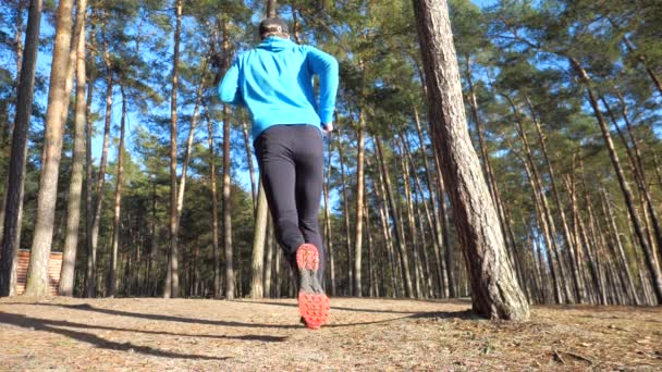 Atleta Con Capucha Azul Corre Largo Orilla Carrera Nocturna Naturaleza — Vídeo de stock