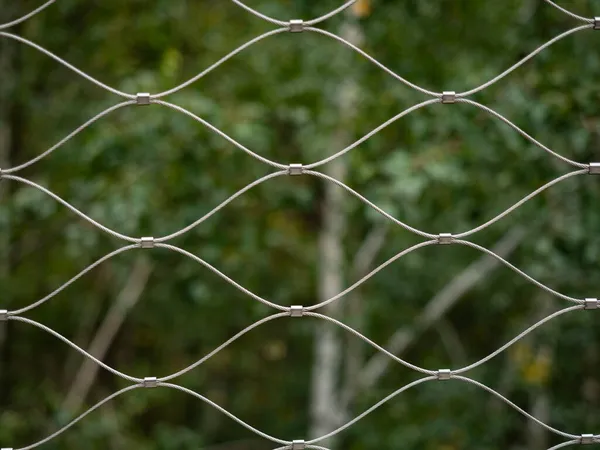 緑の森の風景に対する近代的なステンレス製のワイヤチェーンリンクフェンス ボアーの安全なワイヤーフェンス — ストック写真
