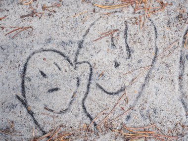 Bir patikadaki kuma çizilmiş iki komik ve gülen yüzün çizimi. Komik gülen yüzler