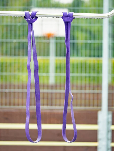Purple Bands Latex Hand Chrome Bar Fitness Playground Funy Exercise — Stockfoto