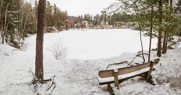 Houten Bank Bij Het Bevroren Blauwe Meer Winter Tracking Populair — Stockfoto