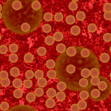Danger virus in human blood. mong the red blood cells. Scanning Electron Microscopy stylized illustration